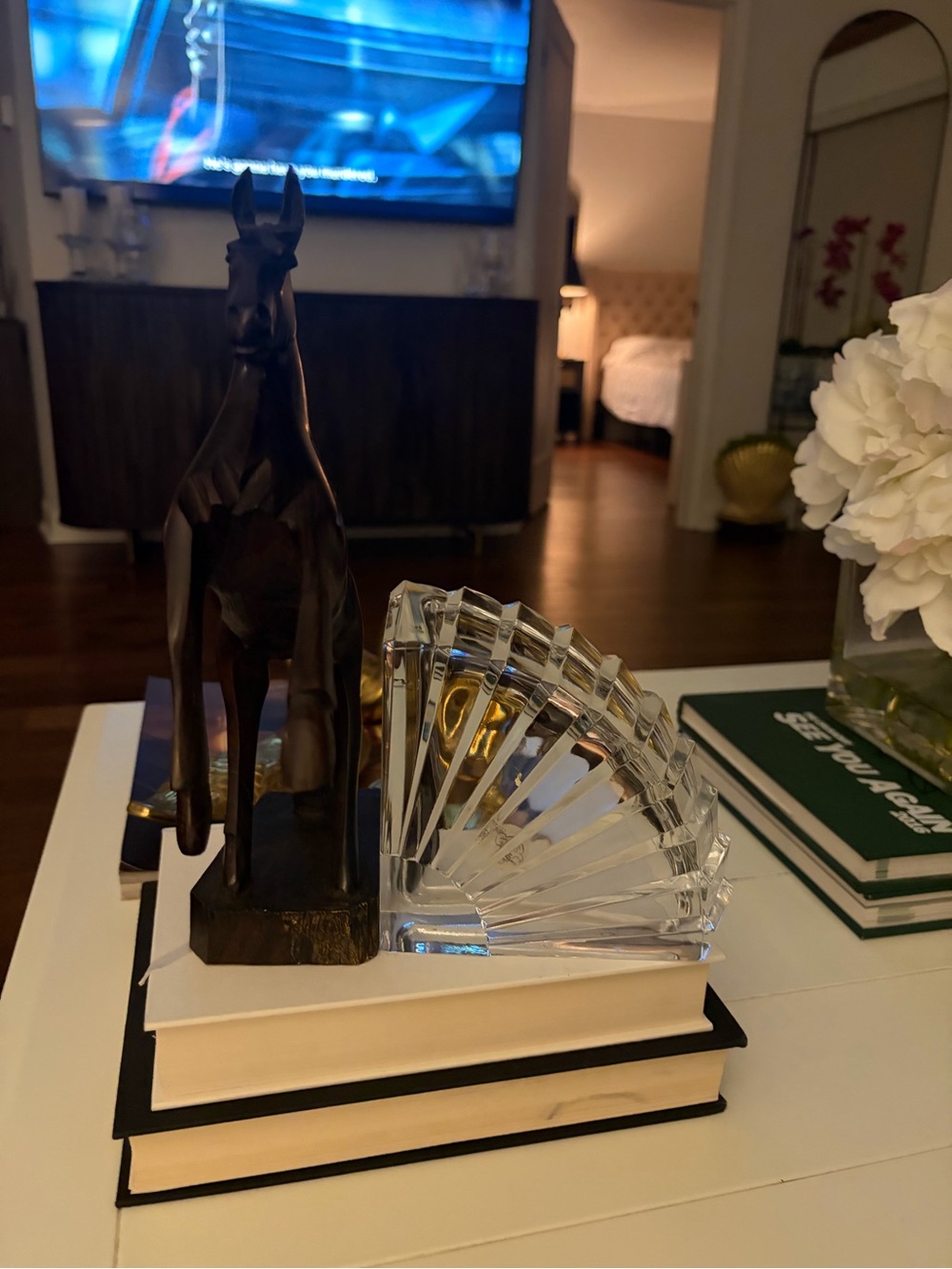 Clear Crystal Fan Bookend - White